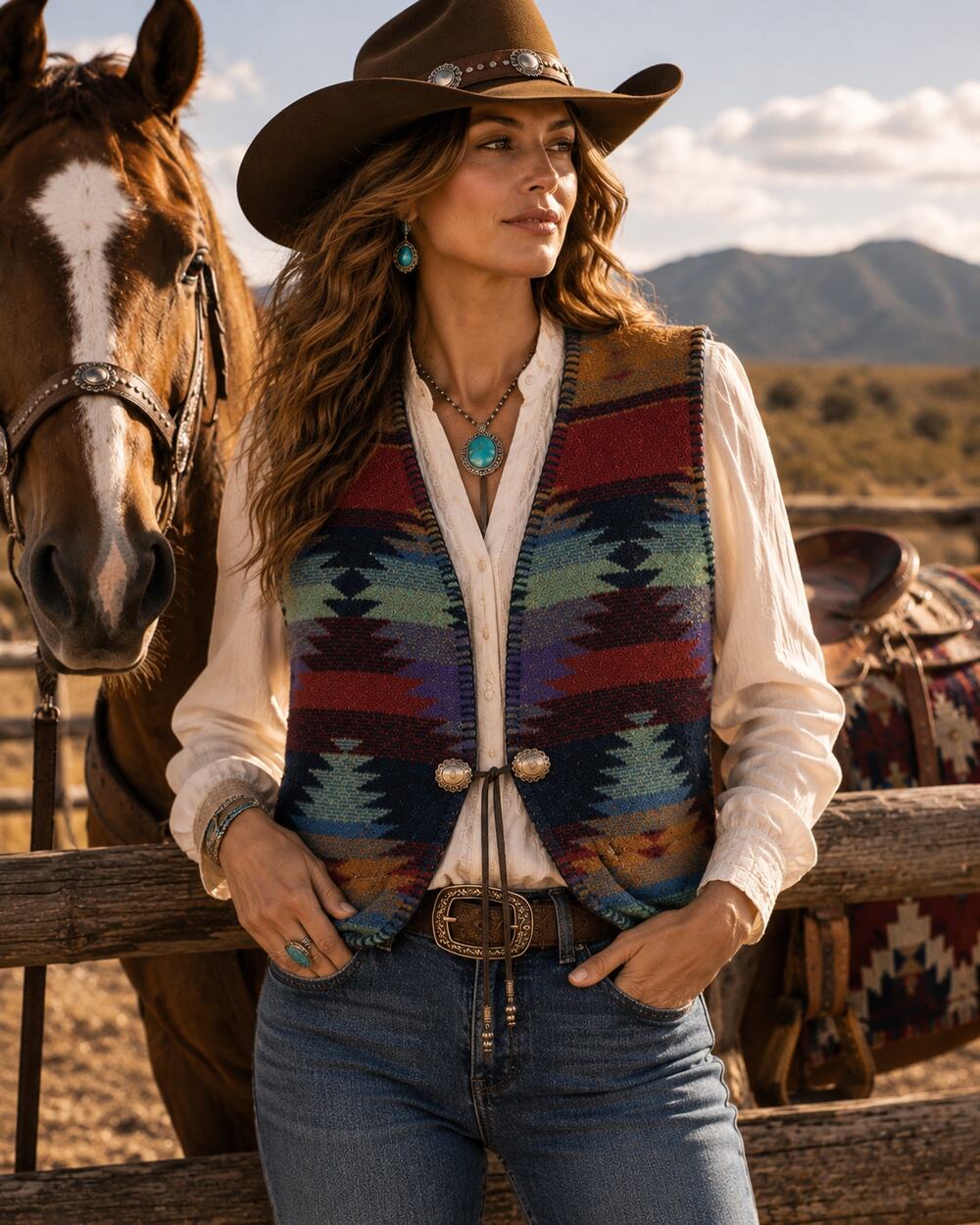 Vintage Rhonda Stark Southwestern Blanket Vest Concho Wool Blend Small